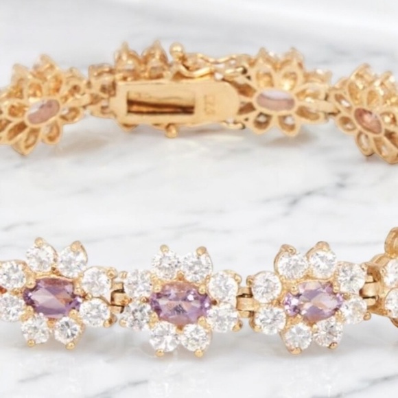 925 Stamped tennis bracelet. Purple and clear stones. 7” - Picture 11 of 15